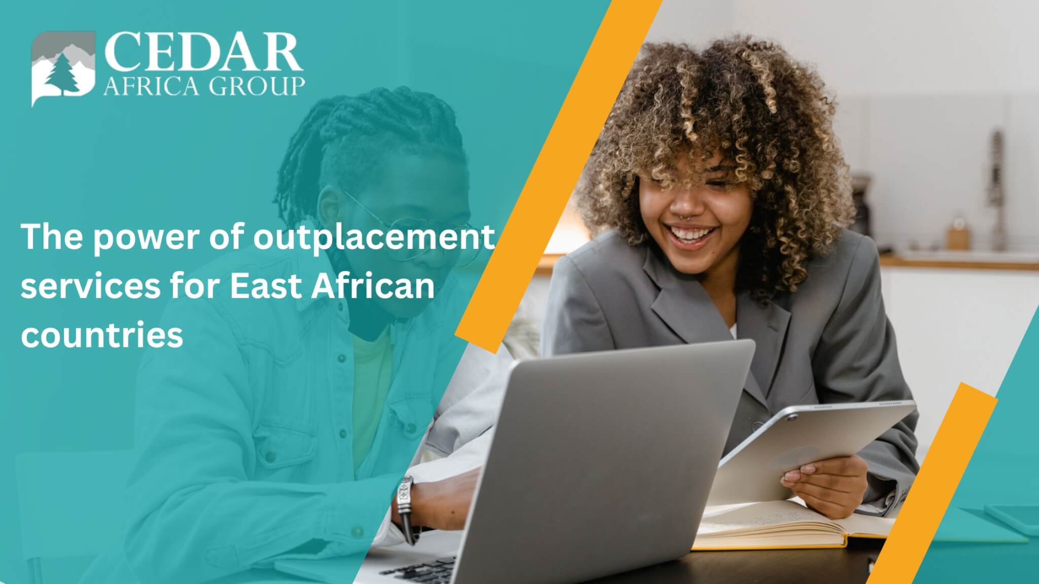 Woman laughing while studying with a man presumably on the power of outplacement and career coaching services for East African countries
